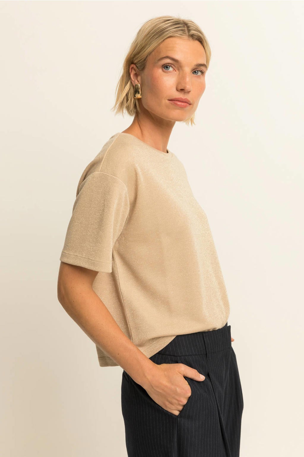 Beige dames Expresso top van polyester met effen, korte mouwen, ronde hals en glitters