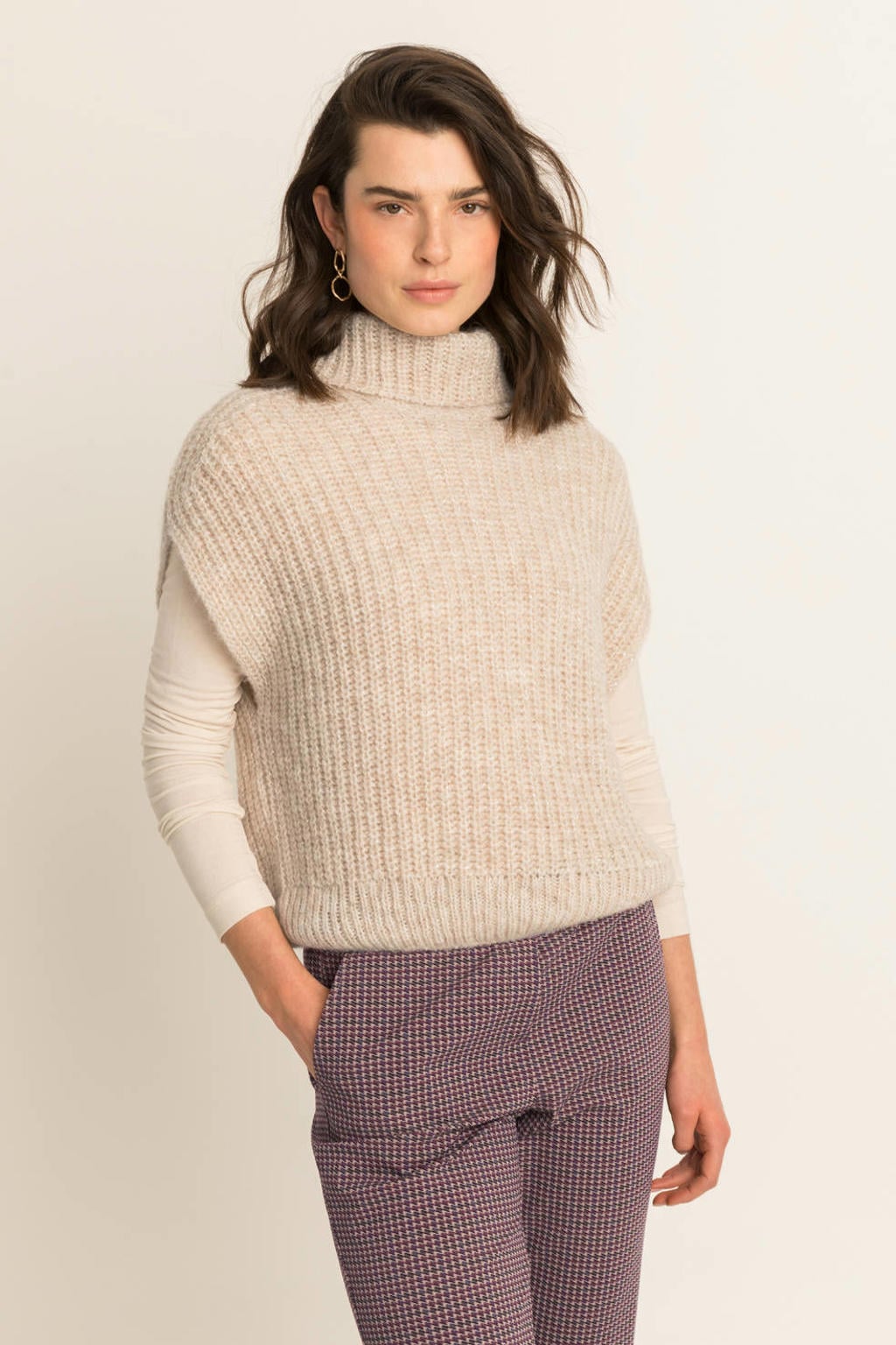 Beige dames Expresso spencer van acryl met effen en col