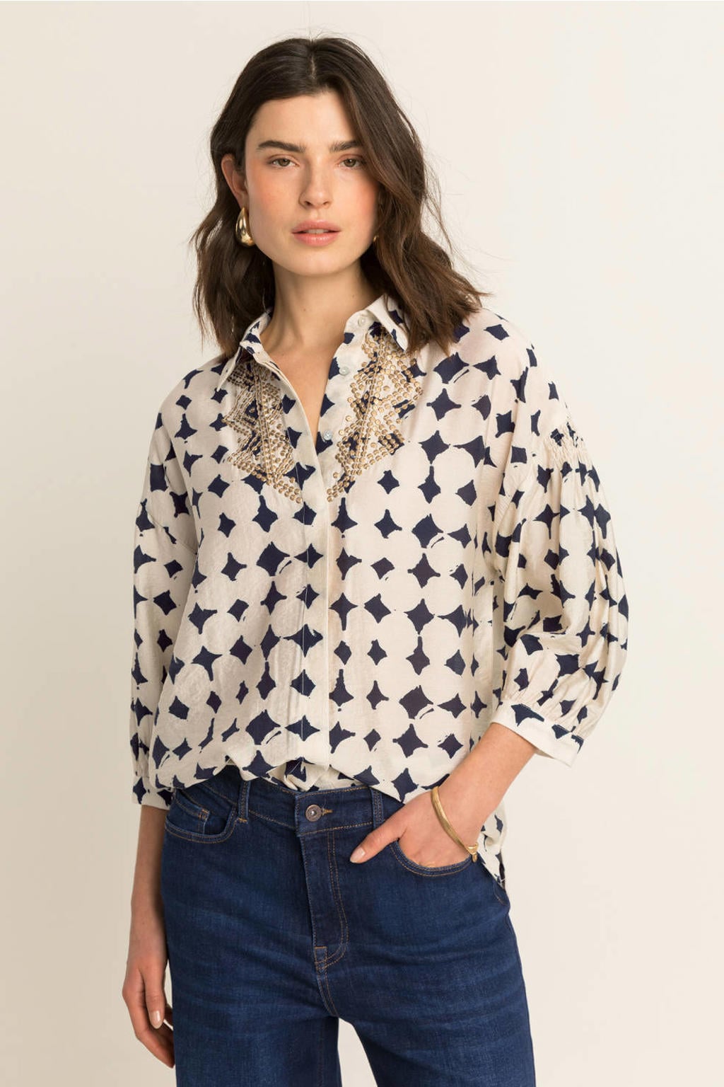 Expresso blouse met print - ecru/blauw