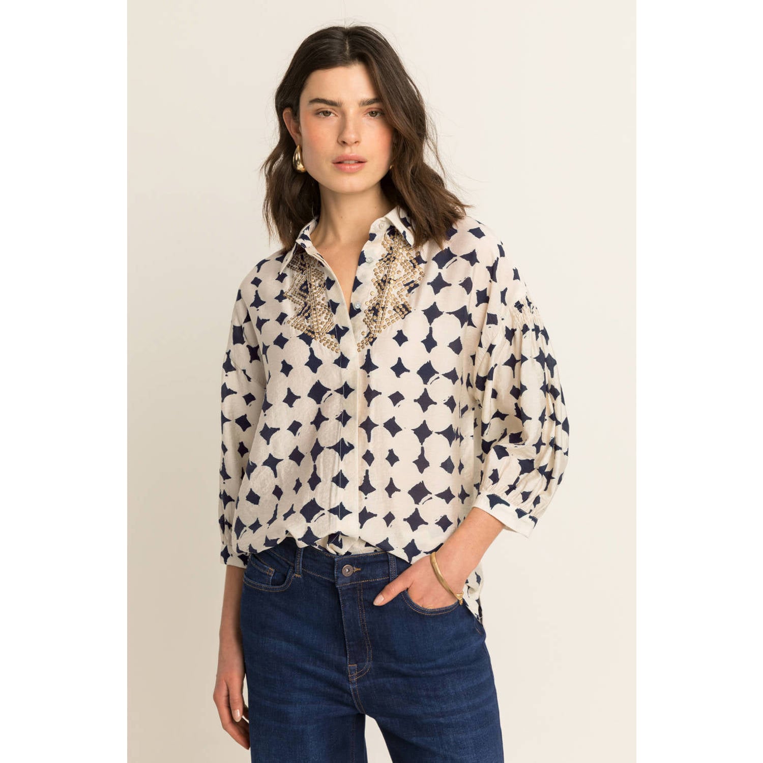 Expresso blouse met print ecru blauw