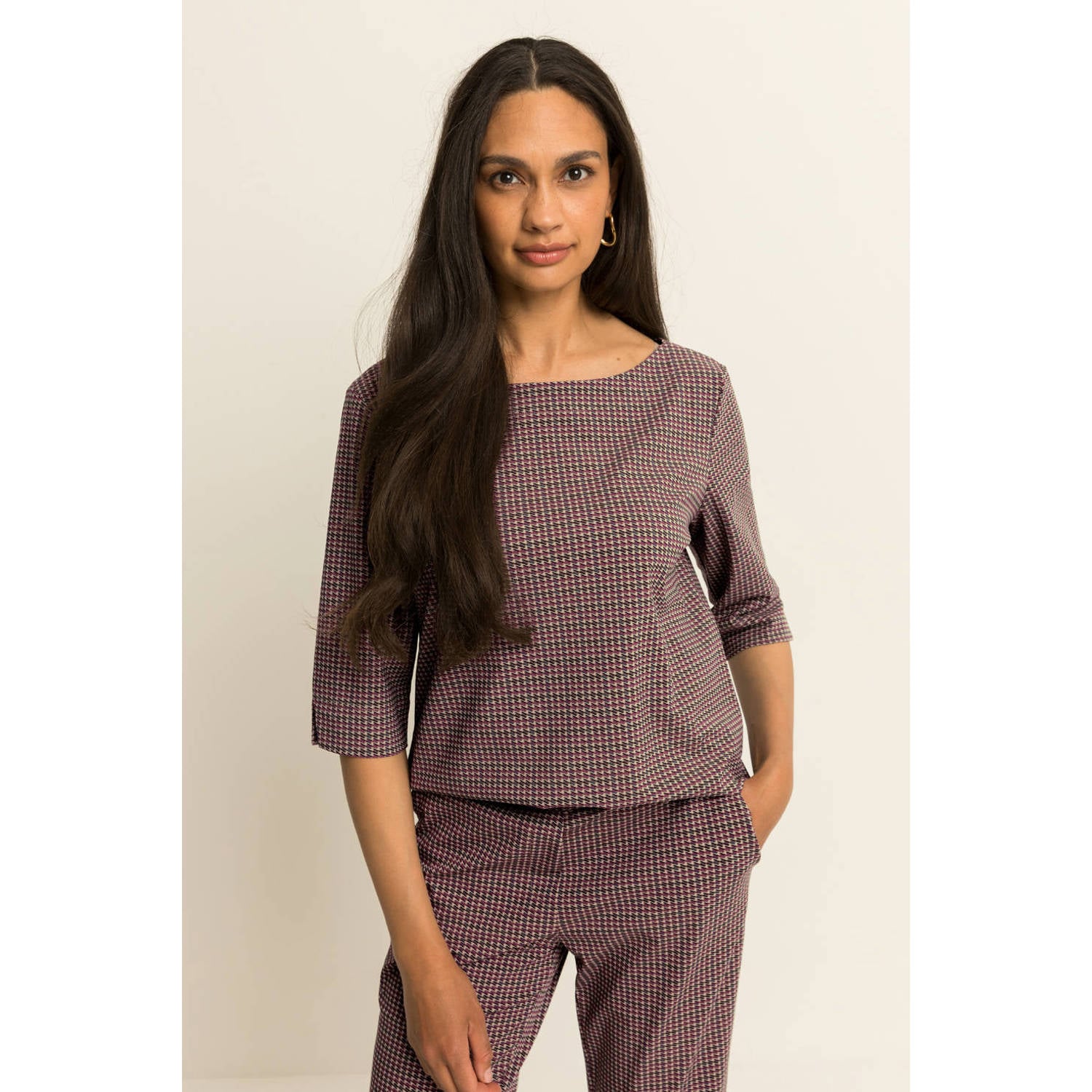 Expresso geruite top beige rood