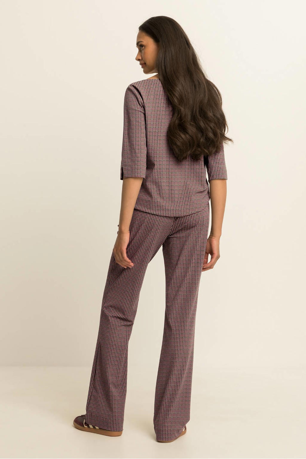 Multi, beige en rode dames Expresso geruite top van polyamide met driekwart mouwen en boothals