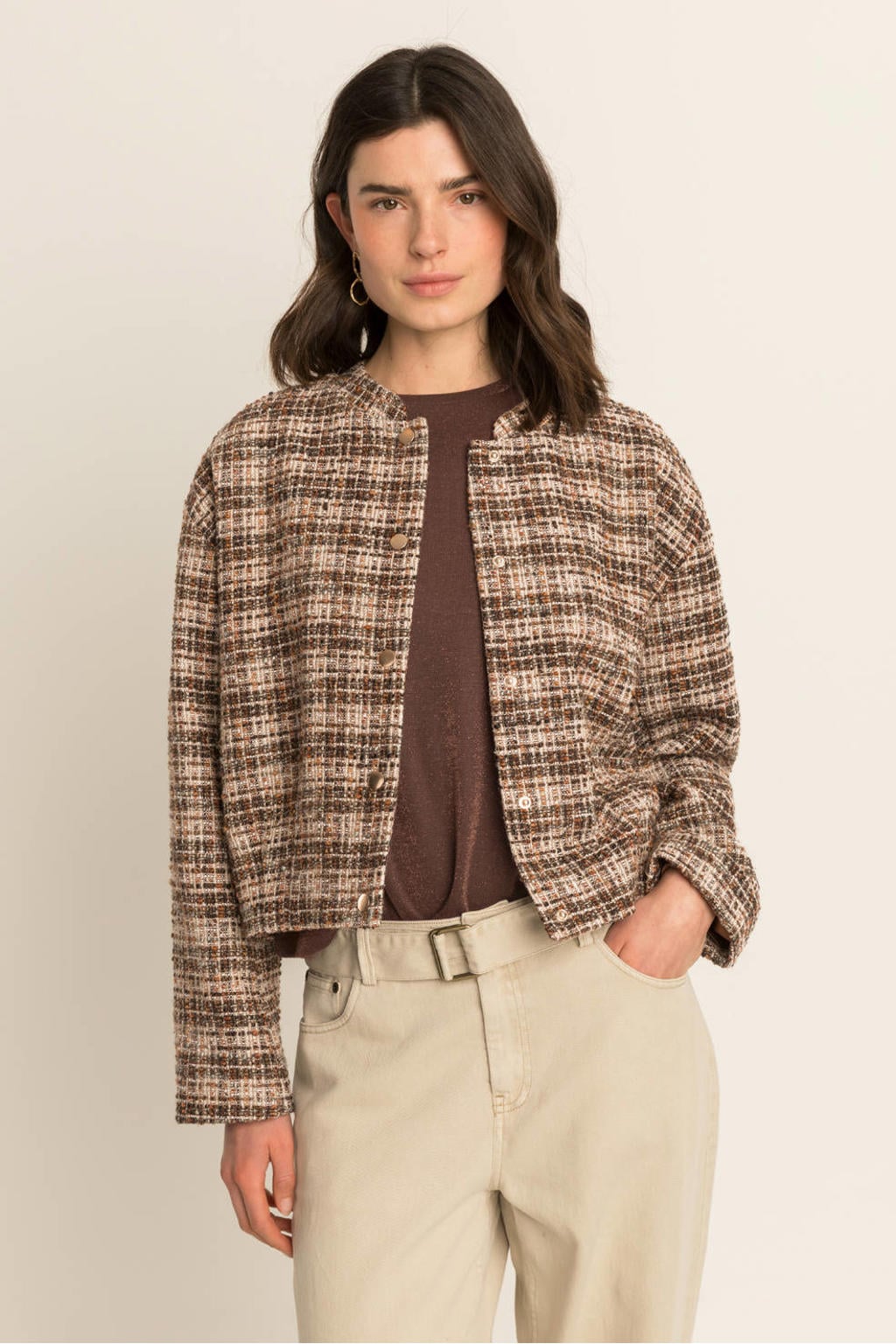 Beige en bruine dames Expresso geruit bomberjack met lange mouwen en ronde hals