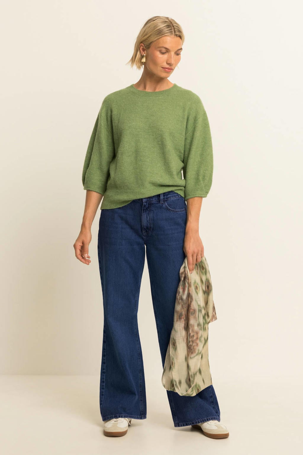 Dark blue denim dames Expresso wide leg jeans van denim met rits- en knoopsluiting en effen