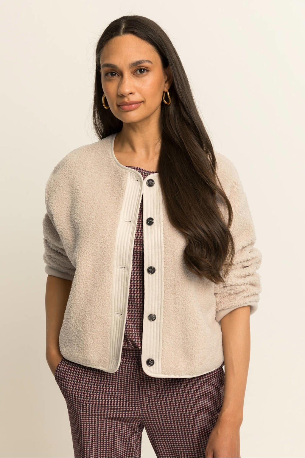 Beige dames Expresso teddy jas van polyester met effen en lange mouwen