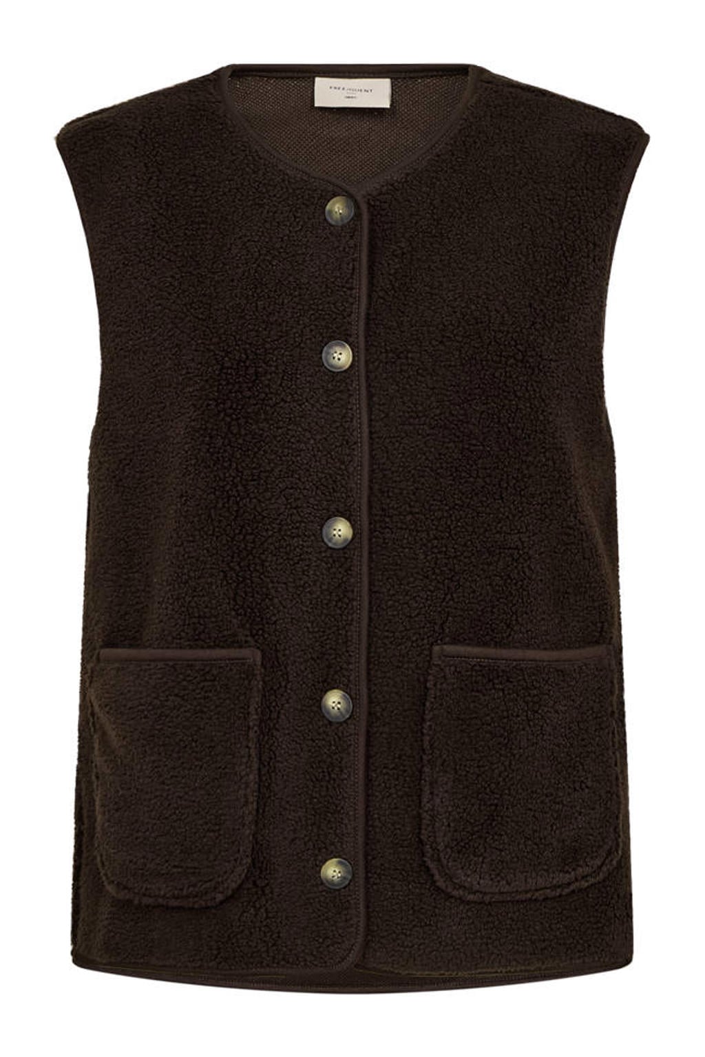 Donkerblauwe dames FREEQUENT teddy rechtvallend gilet met effen, reverskraag en knoopsluiting