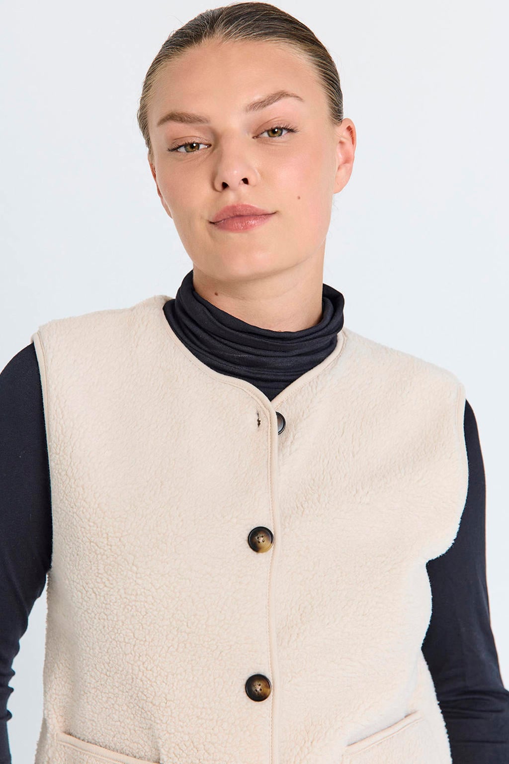 Ecru dames FREEQUENT teddy rechtvallend gilet met effen, reverskraag en knoopsluiting