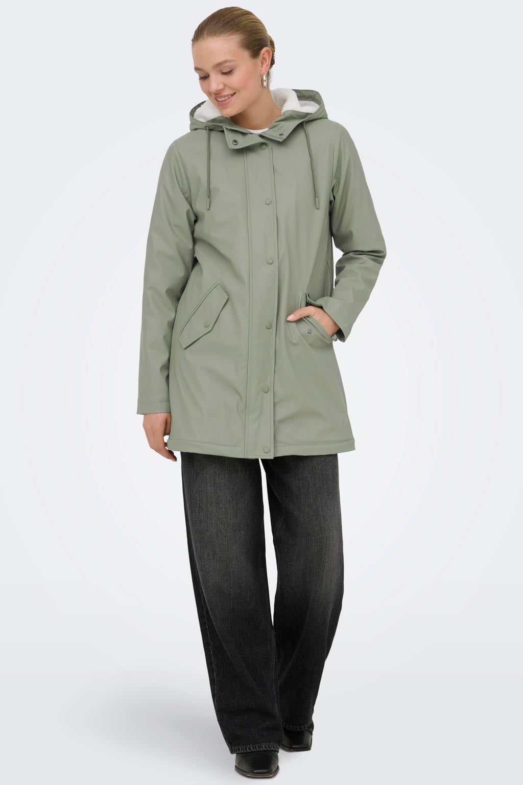 Lichtgroene dames ONLY van polyester met effen, lange mouwen, capuchon en rits- en drukknoopsluiting