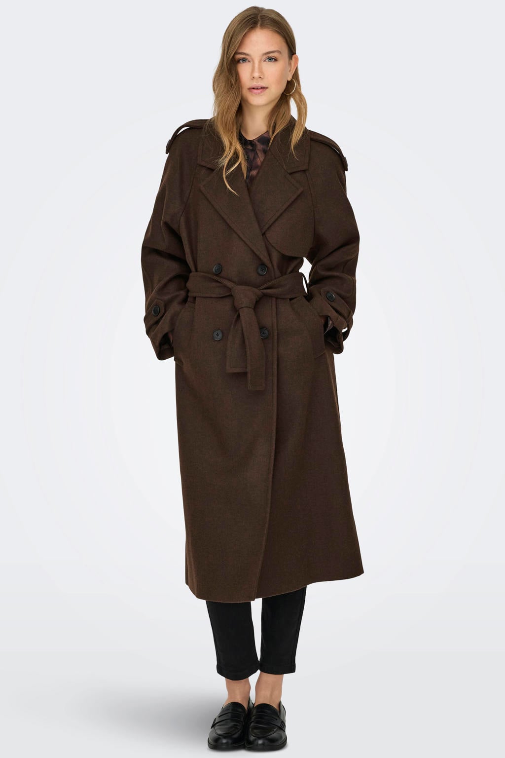 Donkerblauwe dames ONLY mantel van polyester met effen, lange mouwen, col en knoopsluiting