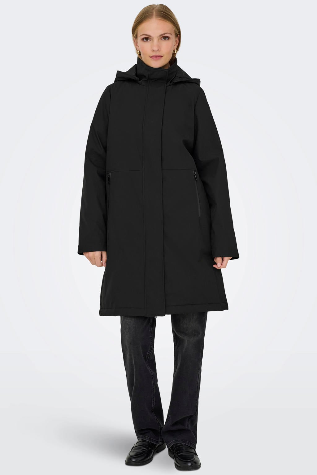 Zwarte dames ONLY parka van polyester met effen, lange mouwen, capuchon en knoopsluiting