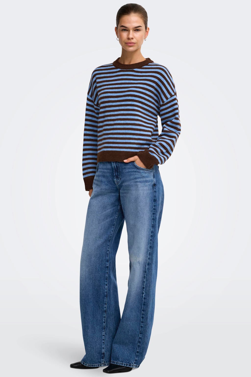 , bruin en blauwe dames ONLY gebreide gestreepte trui van polyester met lange mouwen en ronde hals