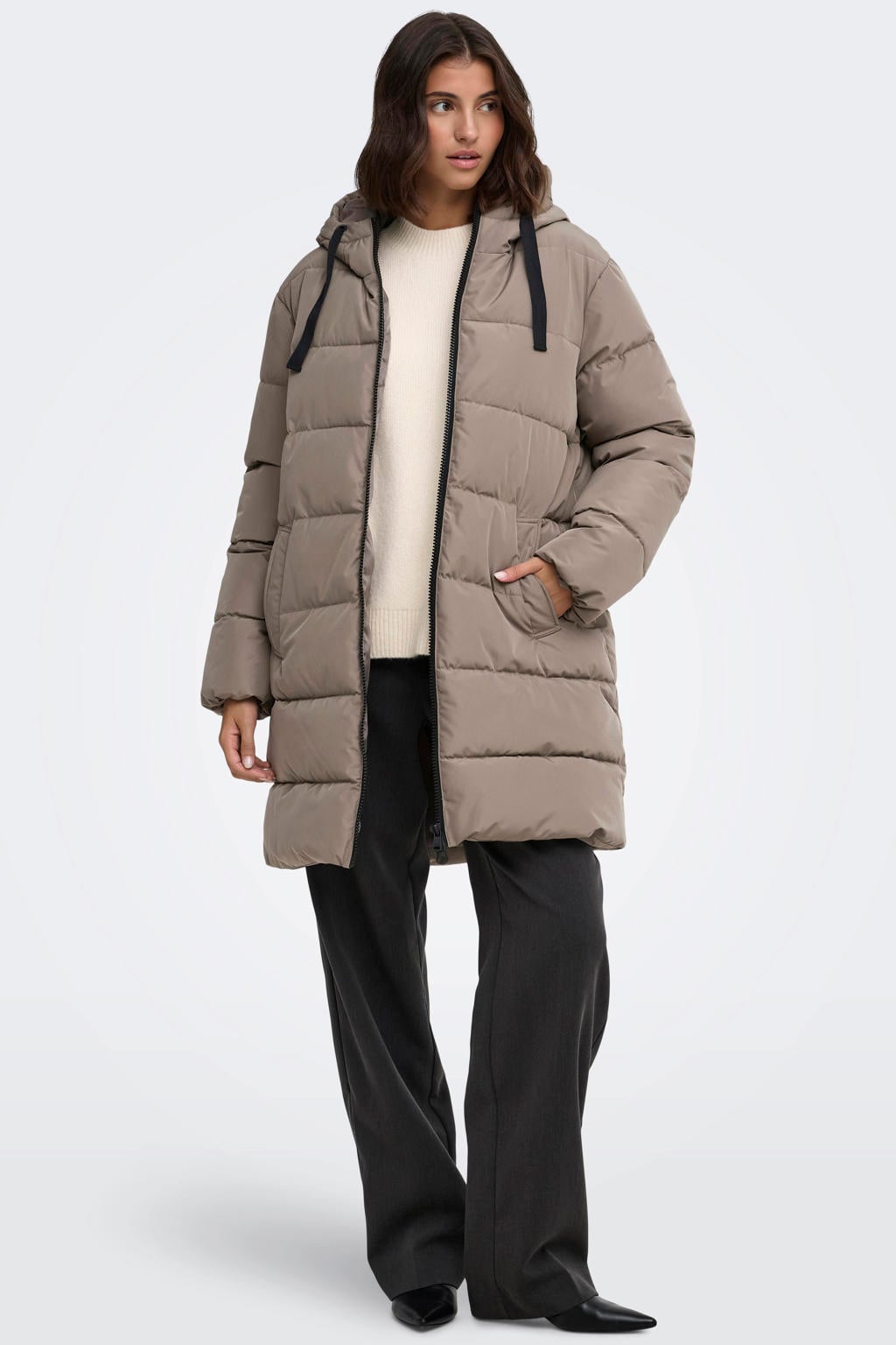 Taupe dames ONLY van polyester met effen, lange mouwen, capuchon en ritssluiting