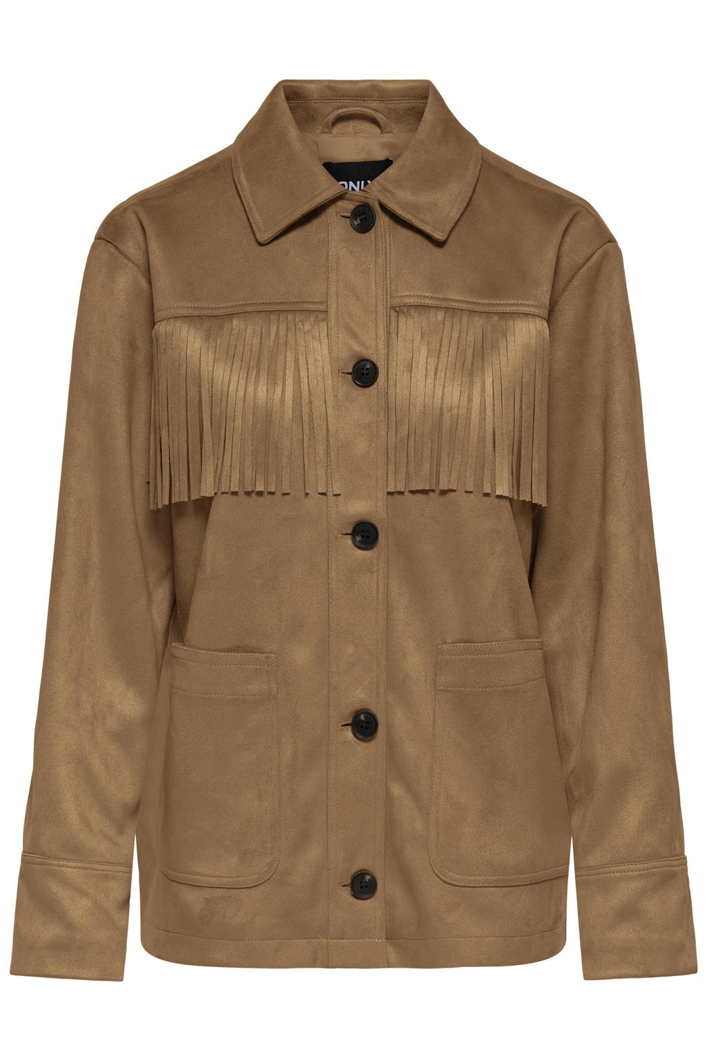 Camelkleurige dames ONLY jas van polyester met effen, lange mouwen, widespread hals, knoopsluiting en geweven detail