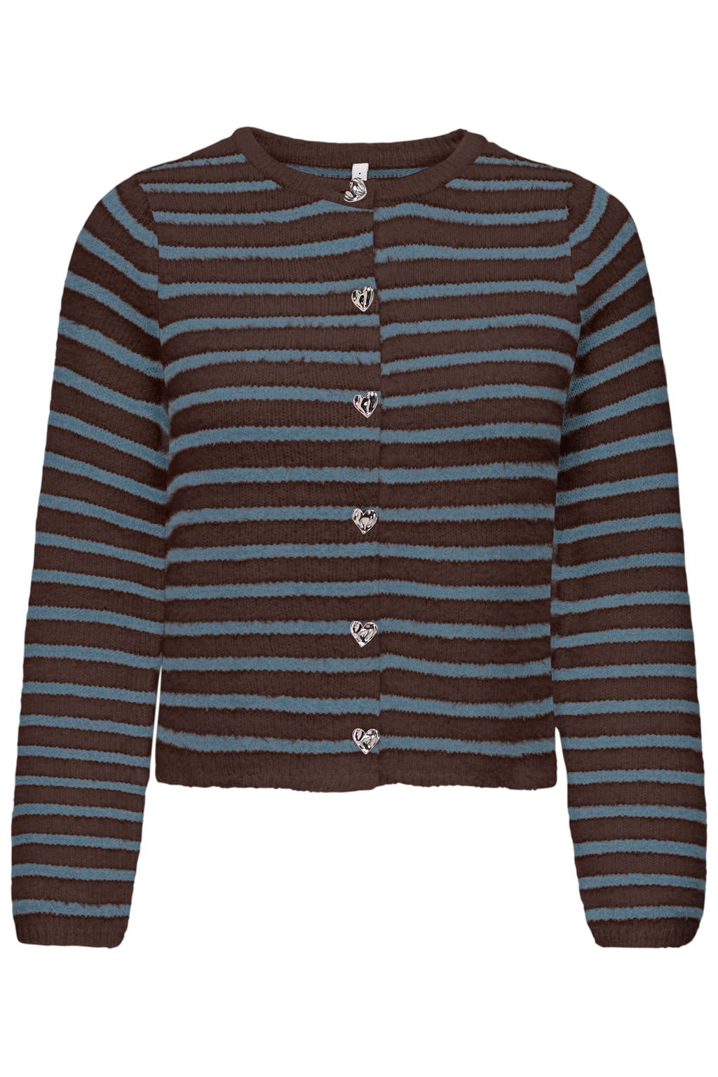 Bruin en blauwe dames ONLY gestreept gebreid vest van acryl met lange mouwen, ronde hals en knoopsluiting