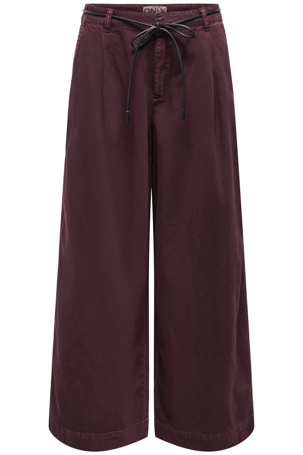 Donkerrode dames ONLY wide leg casual broek van katoen met high waist, knoopsluiting en effen