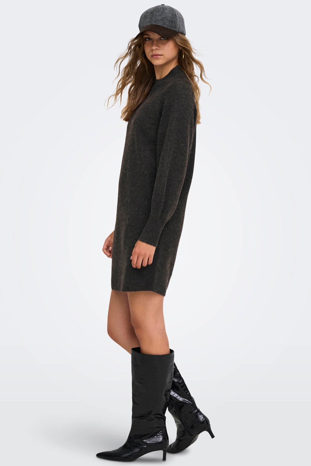 Grijze dames ONLY gebreide midi jurk van polyester met effen, lange mouwen en col