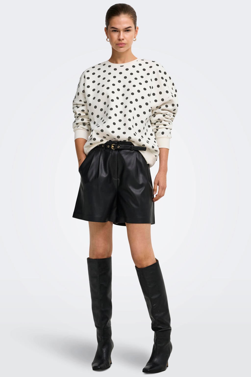 Ecru en zwarte dames ONLY sweater van katoen met stippenprint, lange mouwen en ronde hals