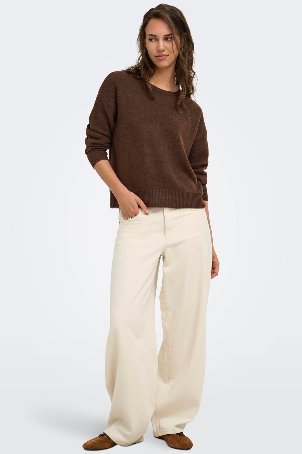 Bruine dames ONLY gebreide trui van polyester met effen, lange mouwen en ronde hals
