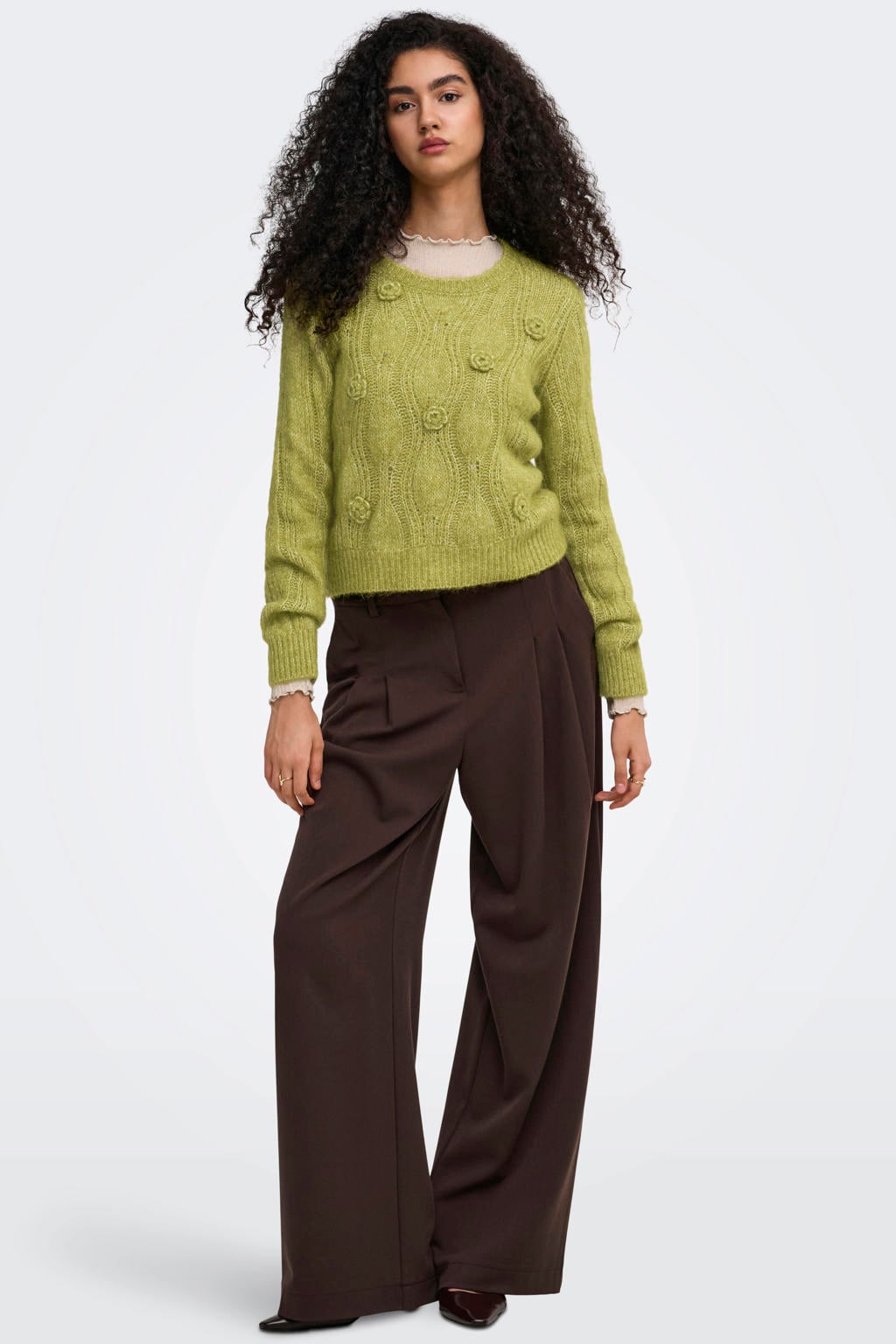Groene dames ONLY van polyester met effen, lange mouwen, ronde hals en gebreide details
