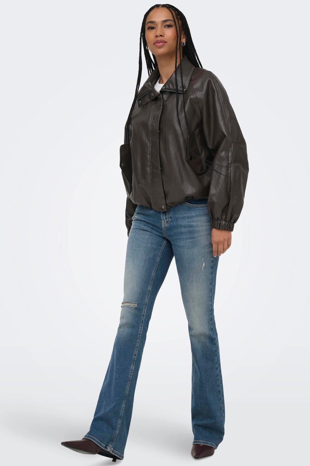 Donkerblauwe dames ONLY leren jas van polyester met effen, lange mouwen, widespread hals, knoopsluiting en geweven detail