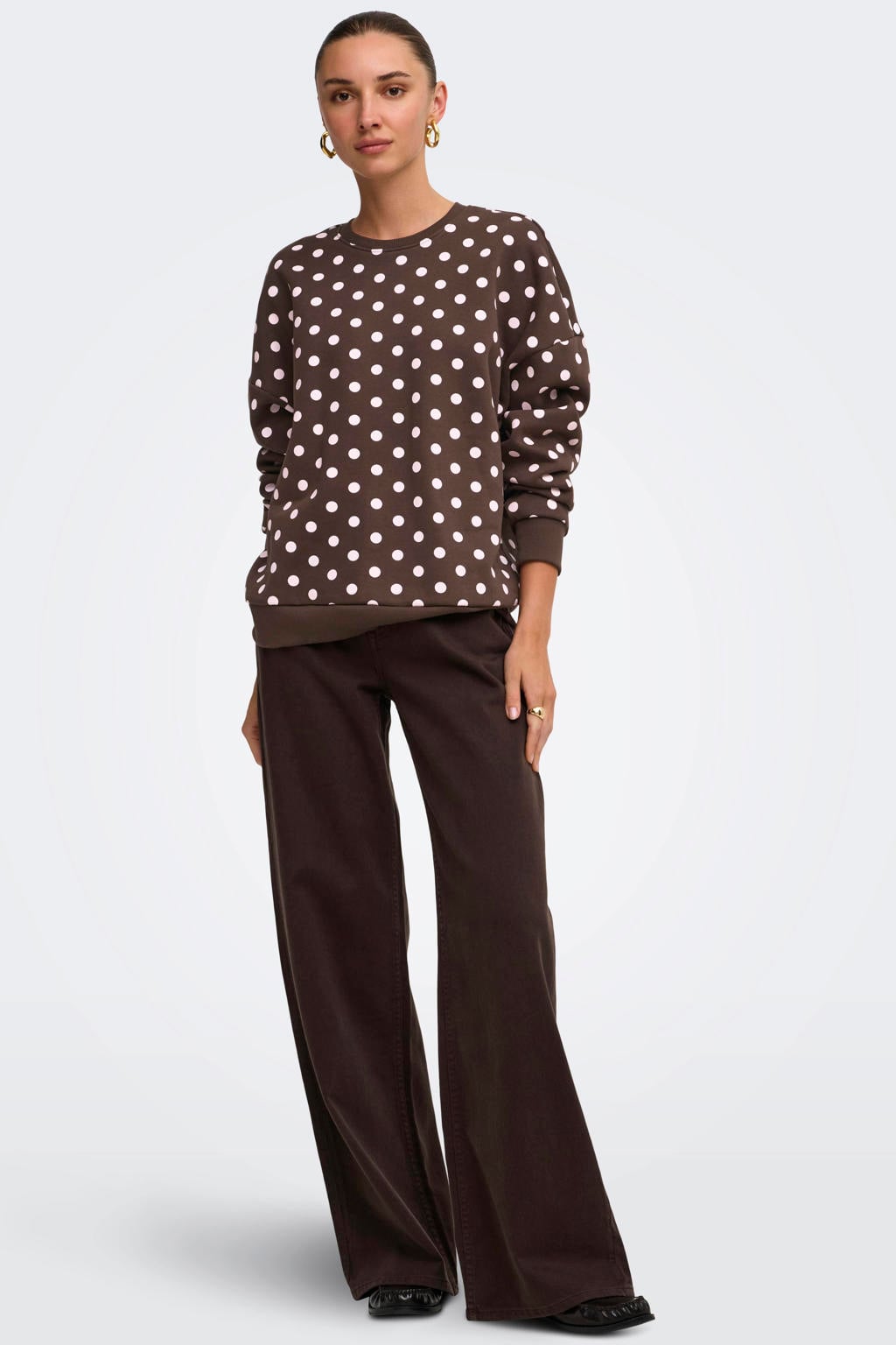 Bruin en lichtroze dames ONLY sweater van katoen met stippenprint, lange mouwen en ronde hals