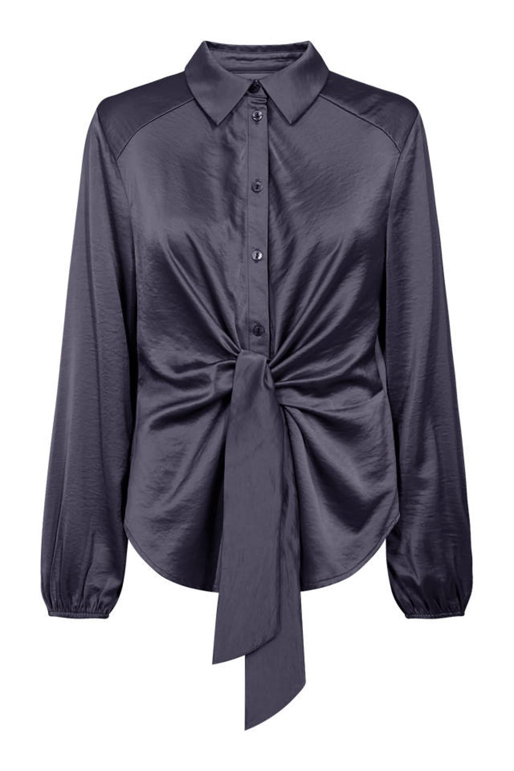 Donkerblauwe dames FREEQUENT rechtvallende blouse van polyester met effen, lange mouwen, klassieke kraag, knoopsluiting en knoopdetail