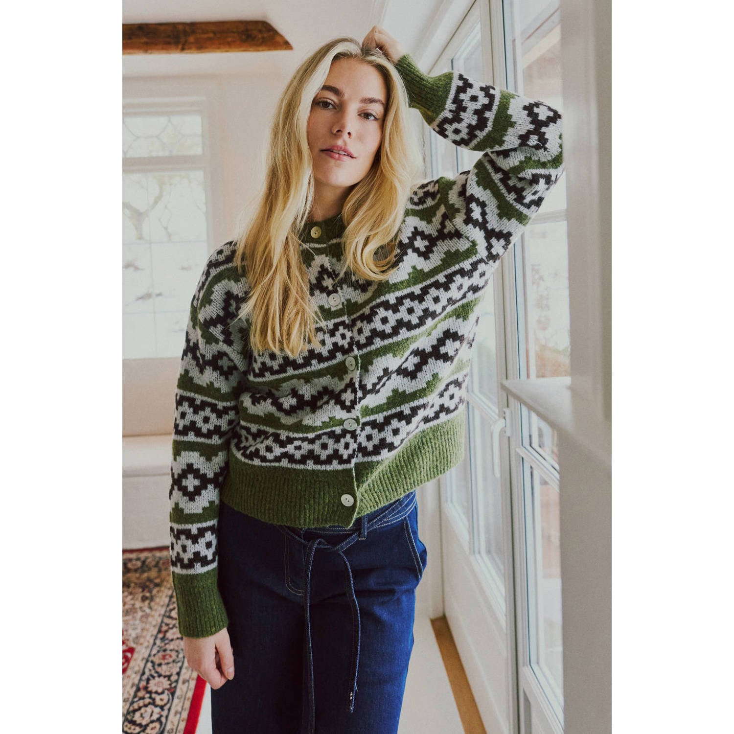 FREEQUENT gebreid vest met print en wol groen