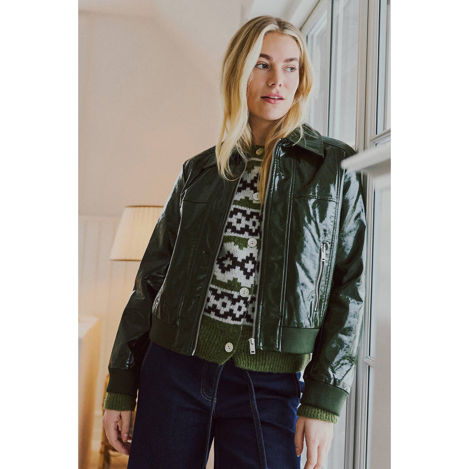 FREEQUENT gebreid vest met print en wol groen
