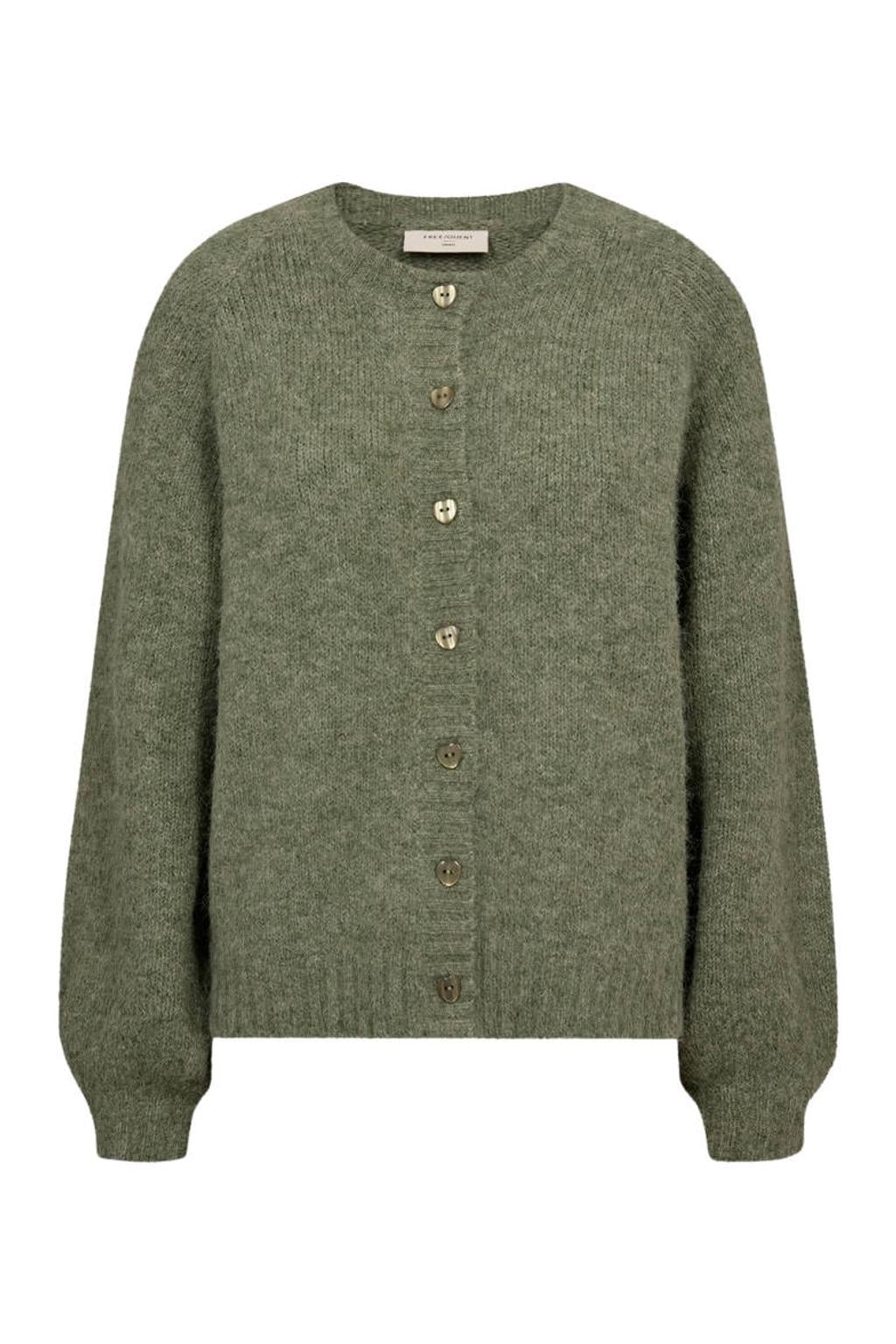 Groene dames FREEQUENT gebreid vest met effen, lange mouwen, ronde hals en knoopsluiting