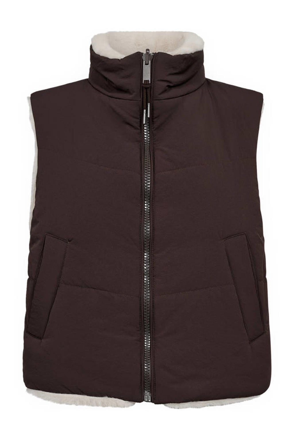 Donkerblauwe dames FREEQUENT bodywarmer van polyamide met effen, reverskraag, knoopsluiting en reversible detail
