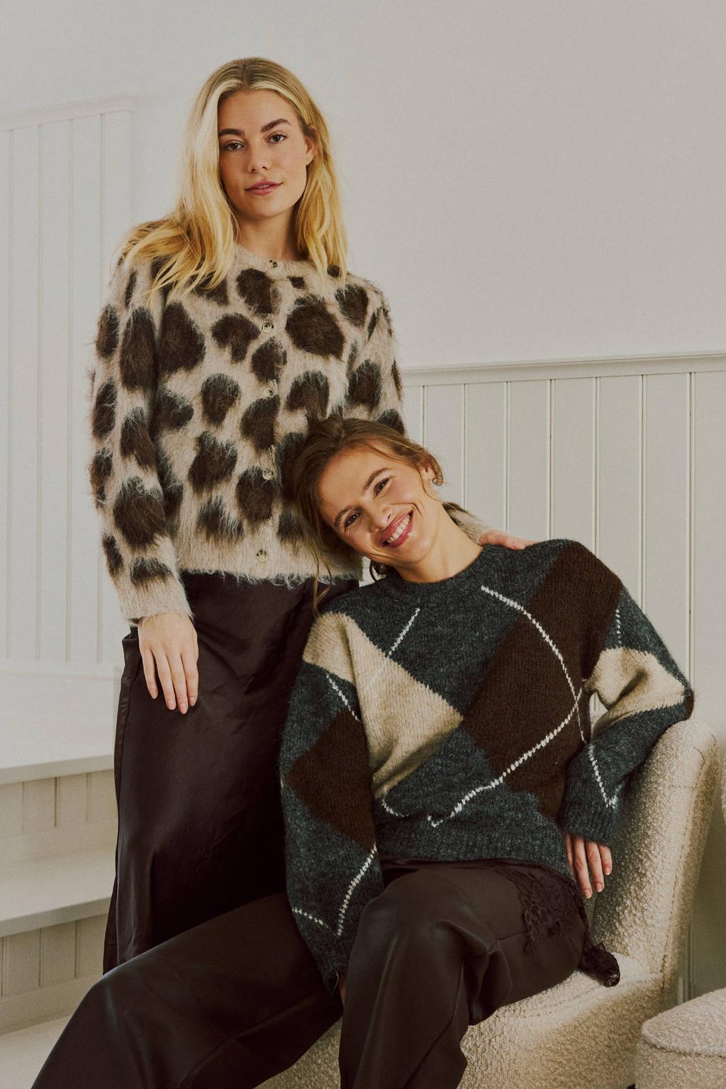 Grijze dames FREEQUENT geruite pullover van polyester met lange mouwen en ronde hals