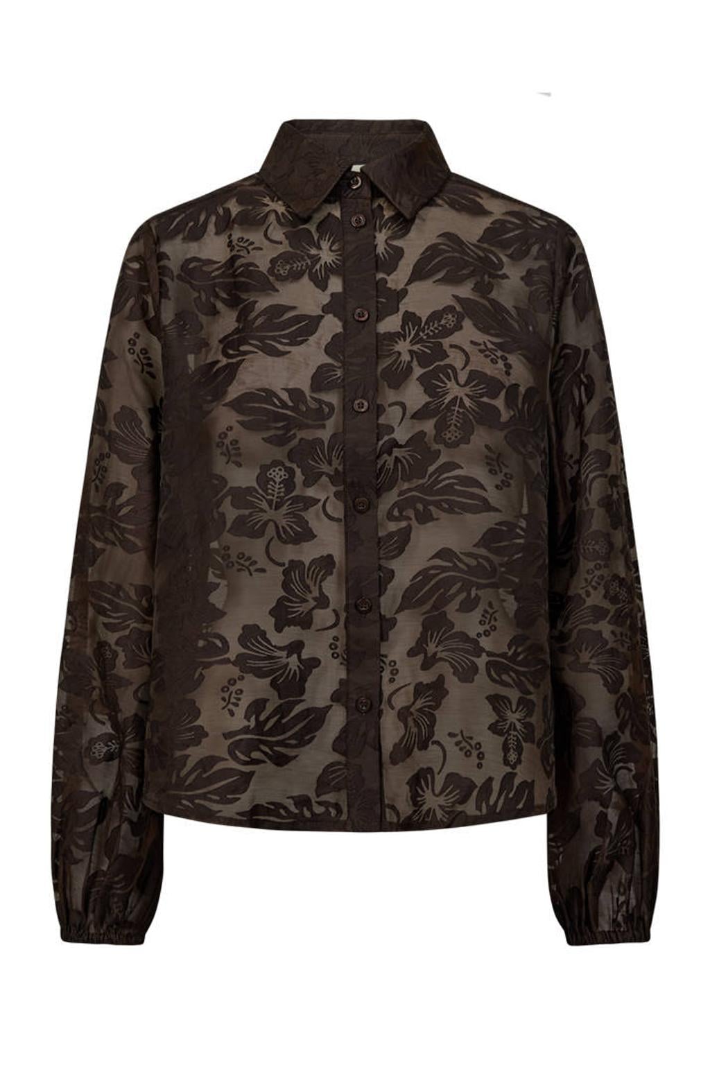 Bruine dames FREEQUENT gebloemde blouse van polyester met lange mouwen, klassieke kraag en knoopsluiting
