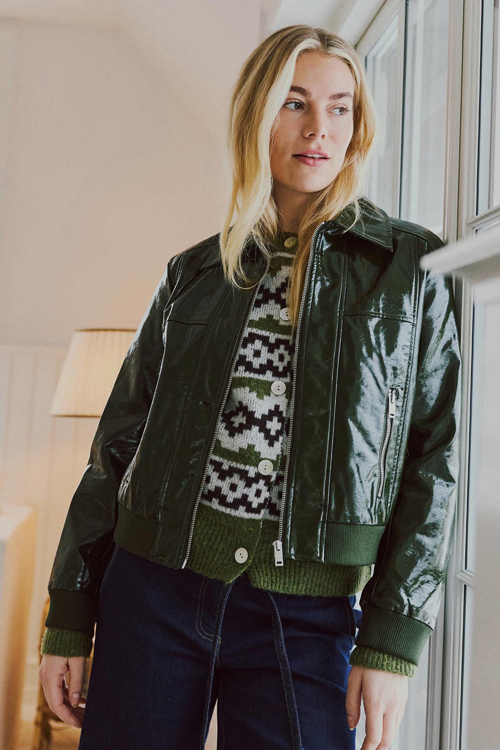 Donkergroene dames FREEQUENT jacket van polyurethaan met effen, lange mouwen, klassieke kraag en geribde boorden