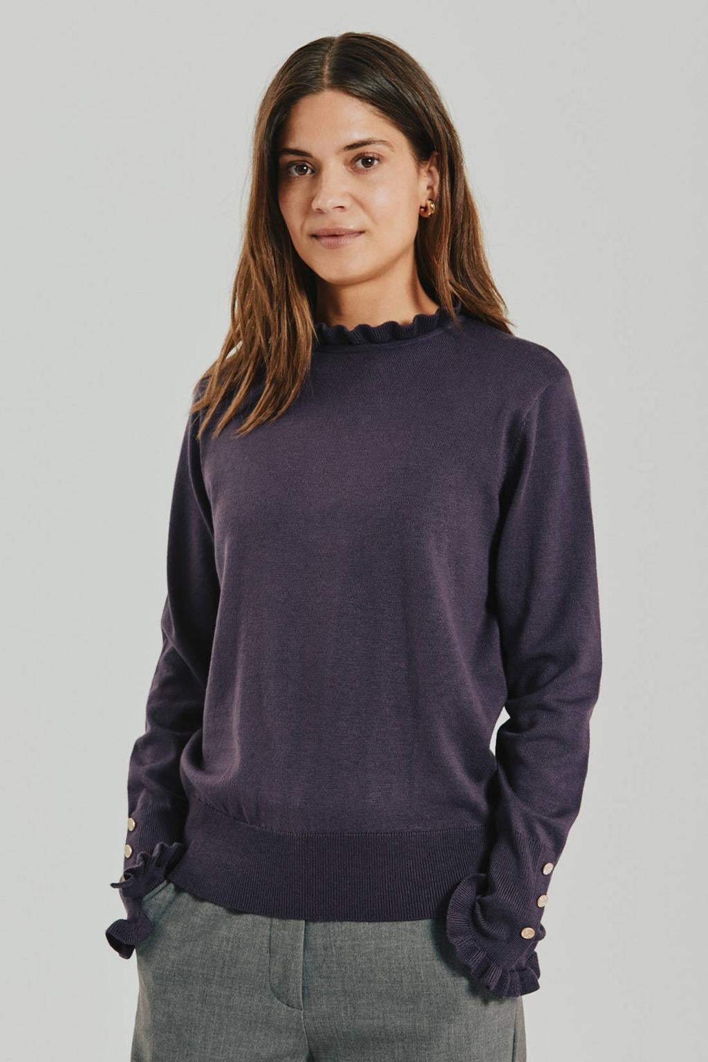 Paarse dames FREEQUENT pullover van viscose met effen, lange mouwen en opstaande kraag