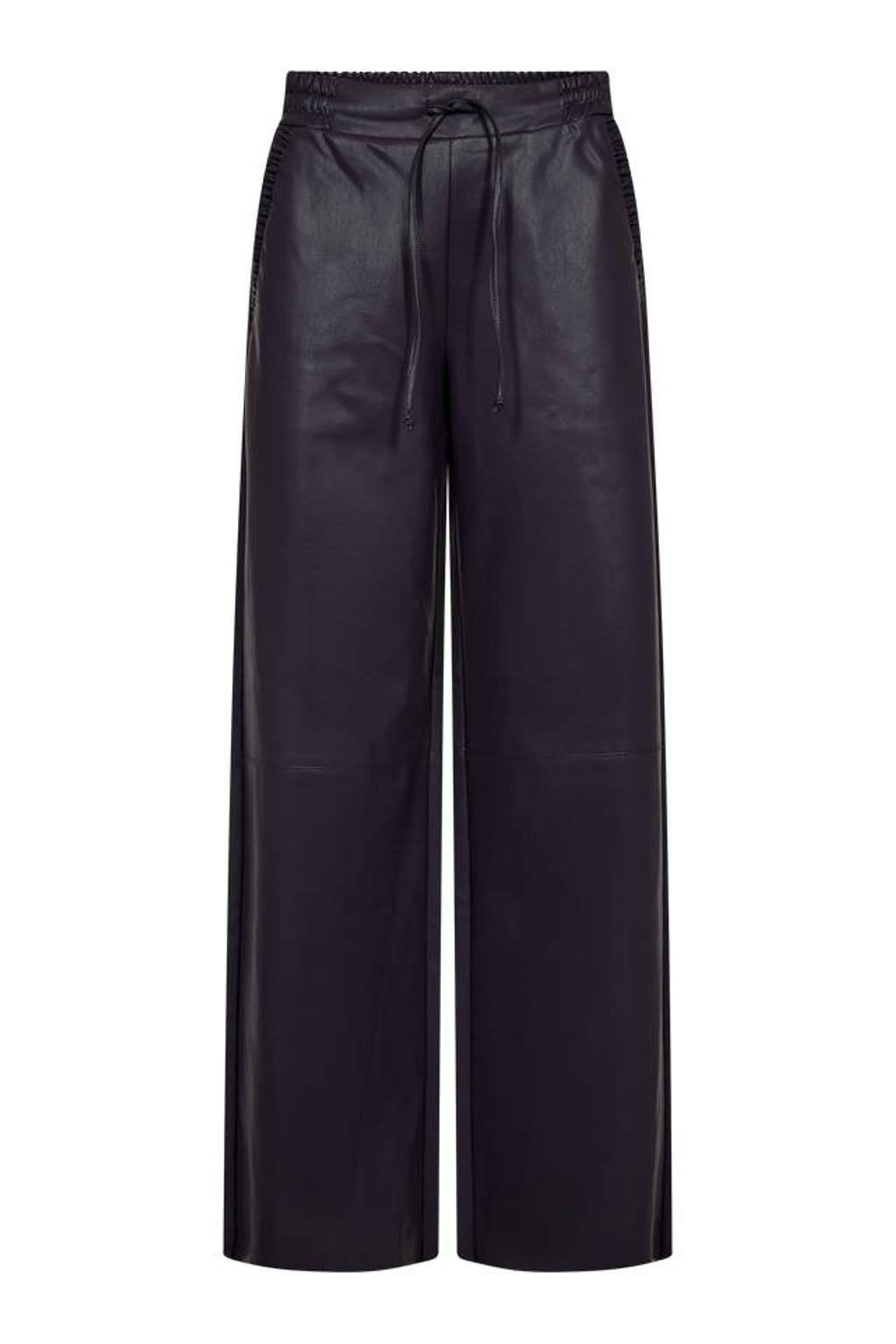 Donkerpaarse dames FREEQUENT straight leg broek van polyurethaan met elastische tailleband met koord en effen