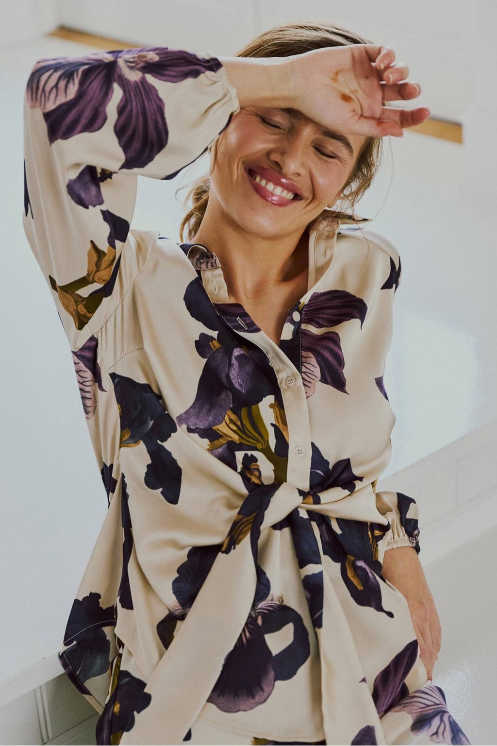 Ecru dames FREEQUENT blouse van polyester met lange mouwen, klassieke kraag en knoopsluiting
