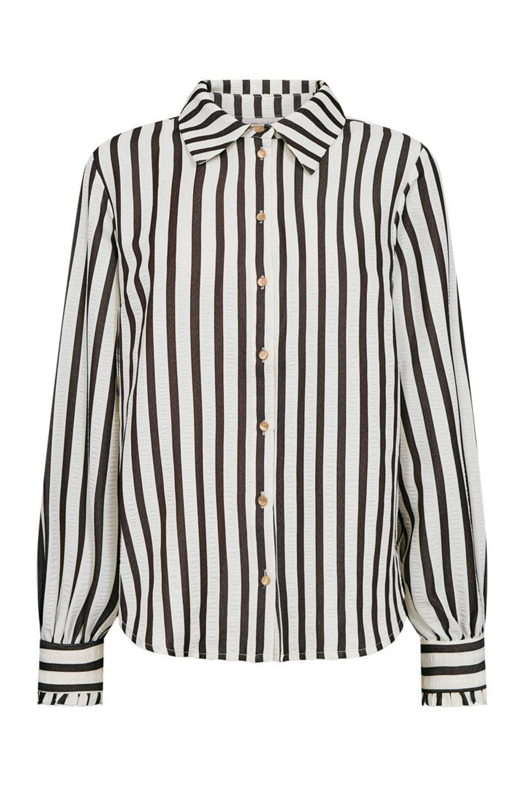 Bruin en ecru dames FREEQUENT gestreepte blouse van katoen-polyester met lange mouwen, klassieke kraag en knoopsluiting