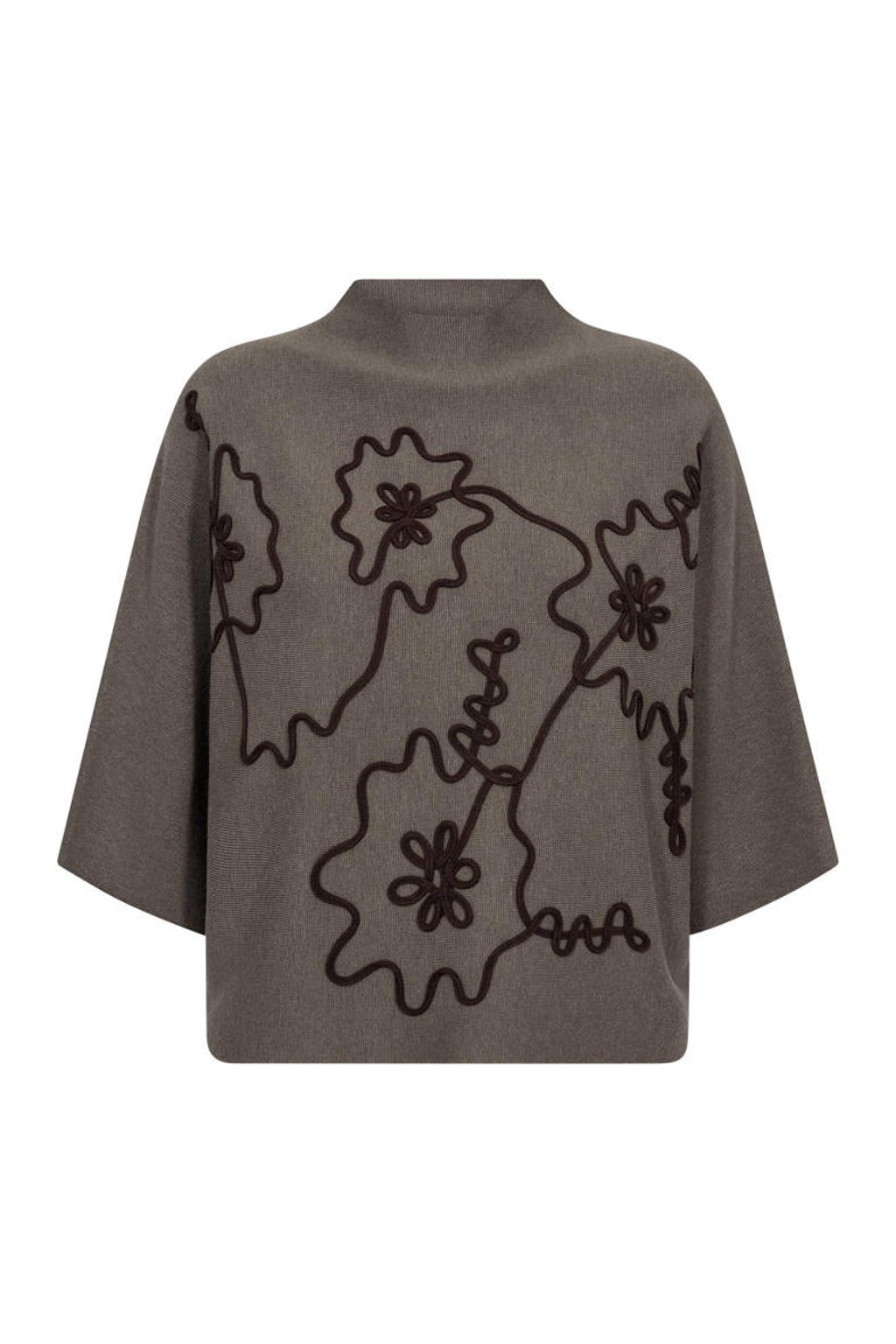 Taupe dames FREEQUENT pullover van viscose met effen, driekwart mouwen, opstaande kraag en borduursels