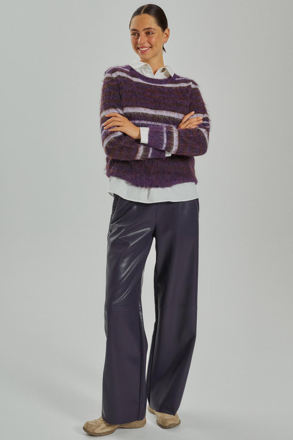Paarse dames FREEQUENT gestreepte pullover van polyester met lange mouwen en ronde hals