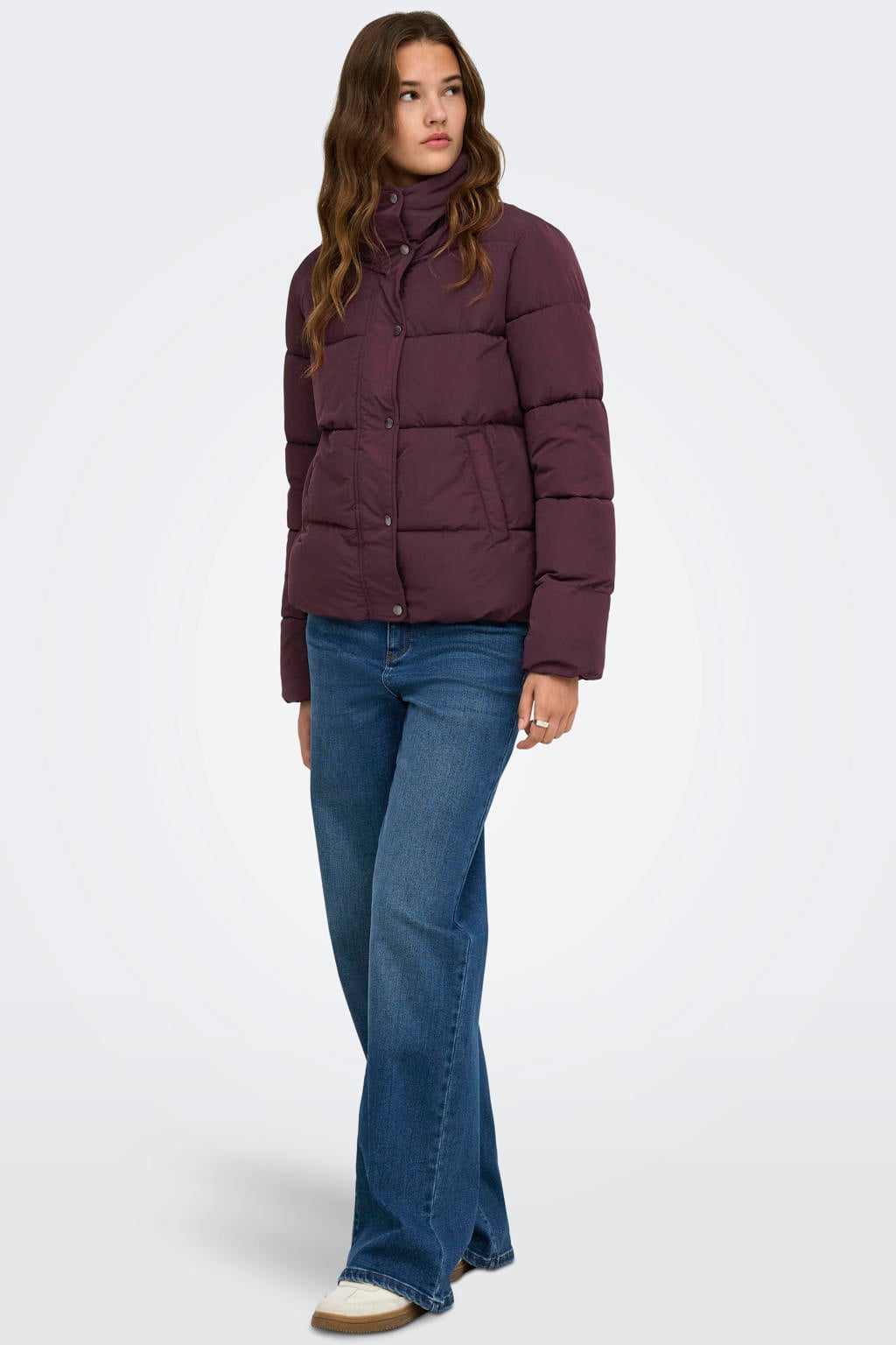 Donkerpaarse dames ONLY van polyester met effen, lange mouwen, opstaande kraag en rits- en drukknoopsluiting