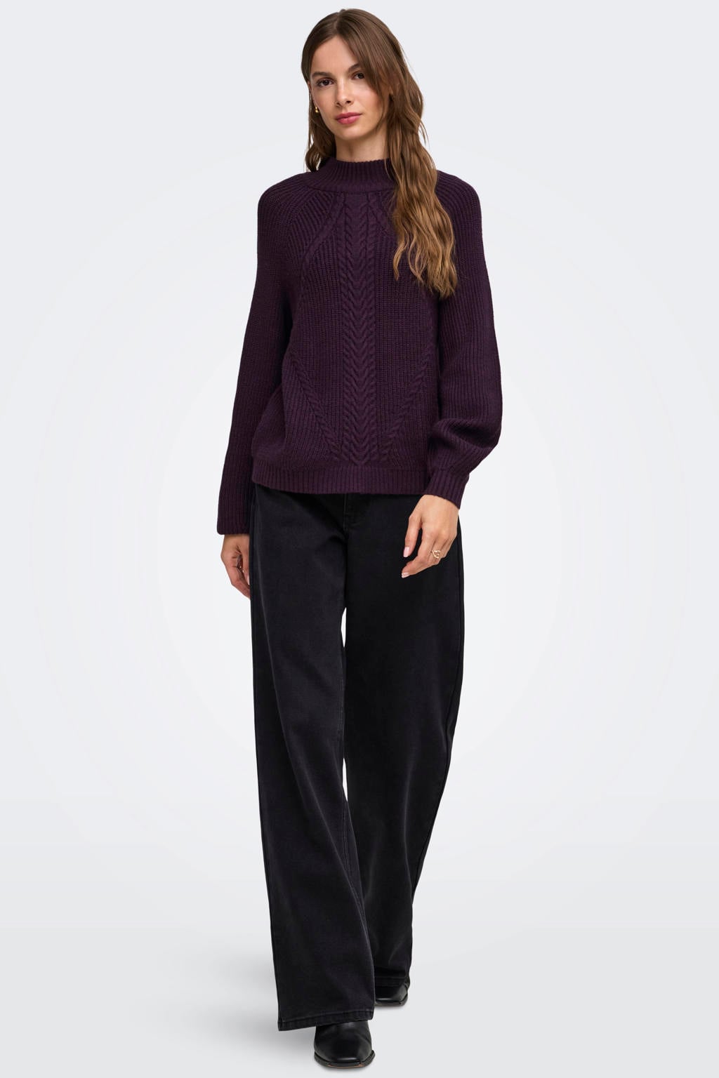 Donkerpaarse dames ONLY rechtvallende gebreide trui van viscose met effen, lange mouwen en col