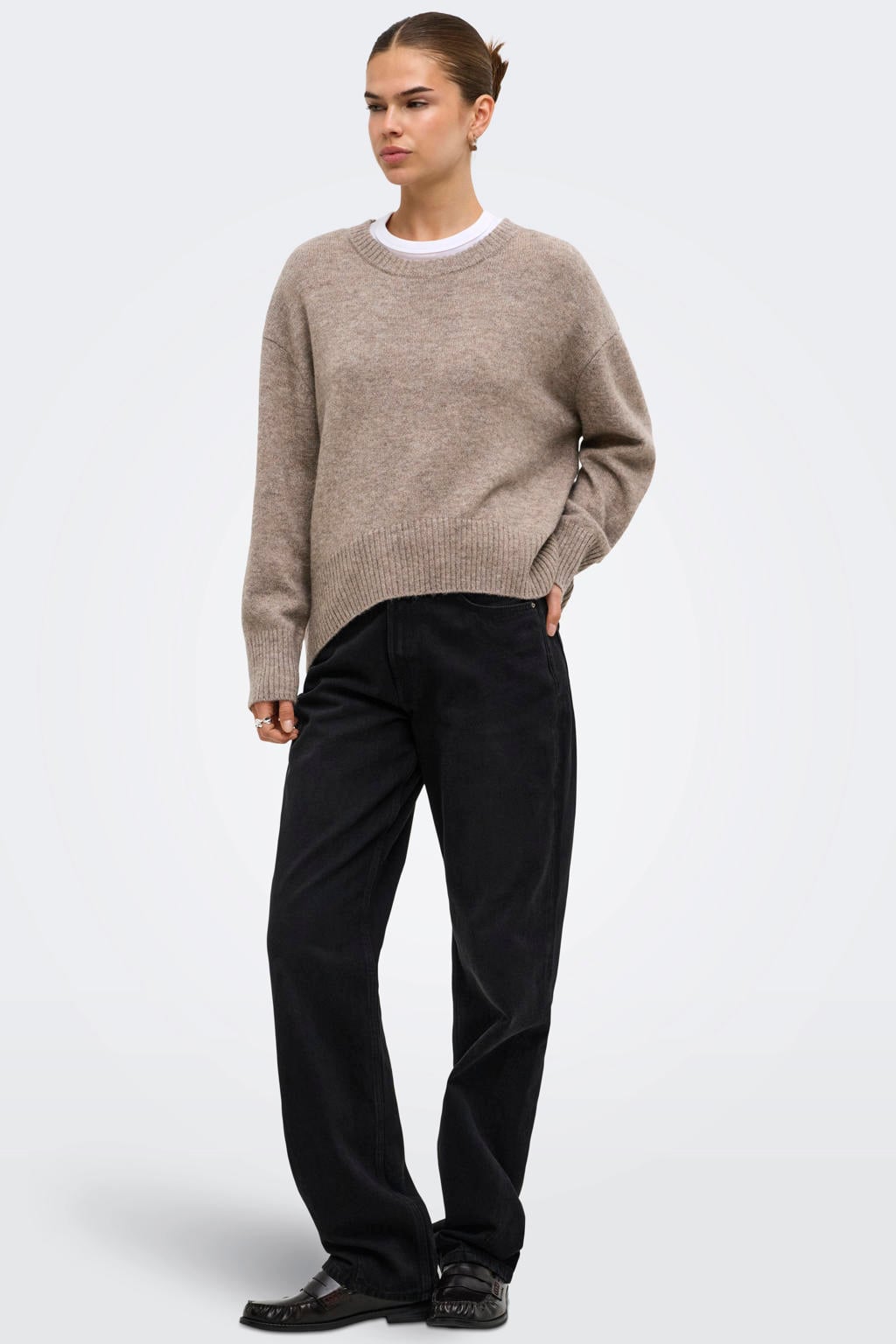 Taupe dames ONLY gebreide trui van polyester met effen, lange mouwen en off shoulder hals