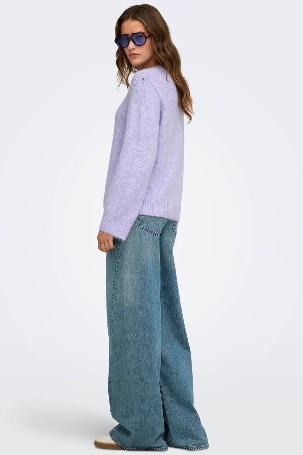 Lilakleurige dames ONLY gebreide trui van polyester met effen, lange mouwen en ronde hals