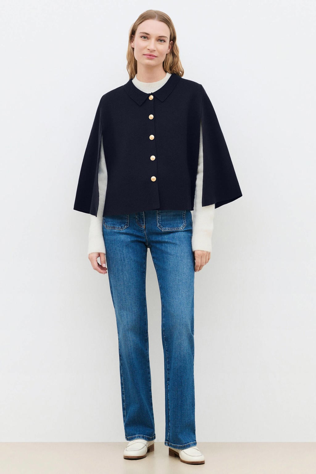 Marineblauw dames Caroll van polyester met effen, lange mouwen en ronde hals