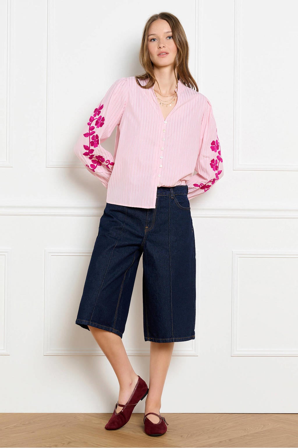 LOLALIZA gestreepte blouse met borduursels - roze/ecru