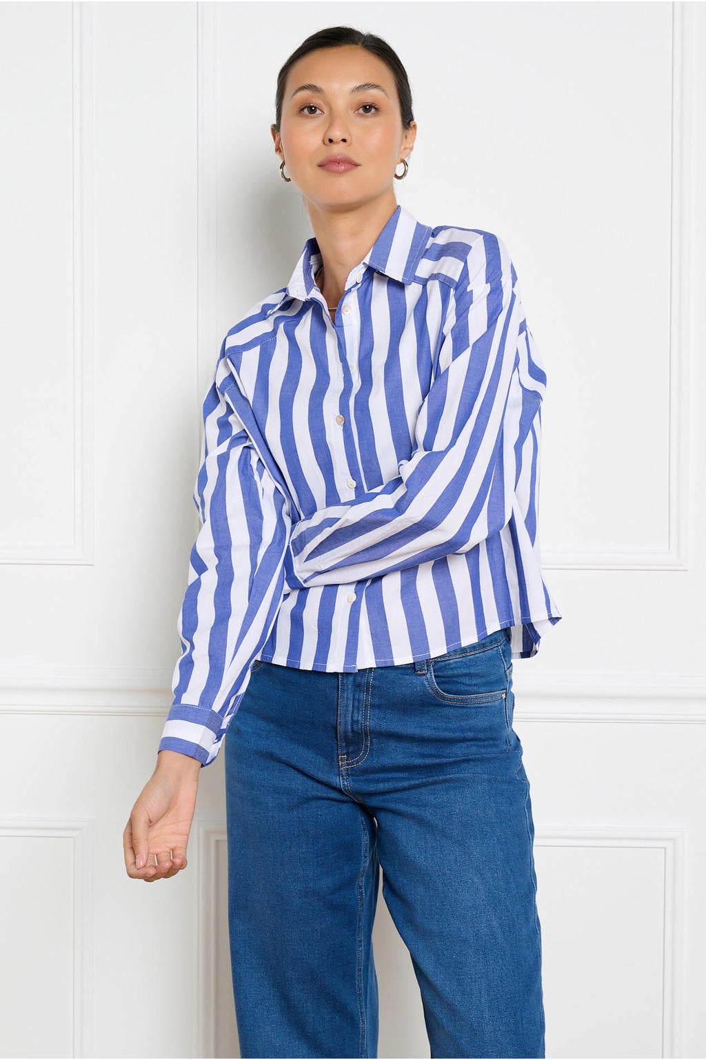 Blauw en ecru dames LOLALIZA gestreepte blouse van katoen met lange mouwen, klassieke kraag en knoopsluiting