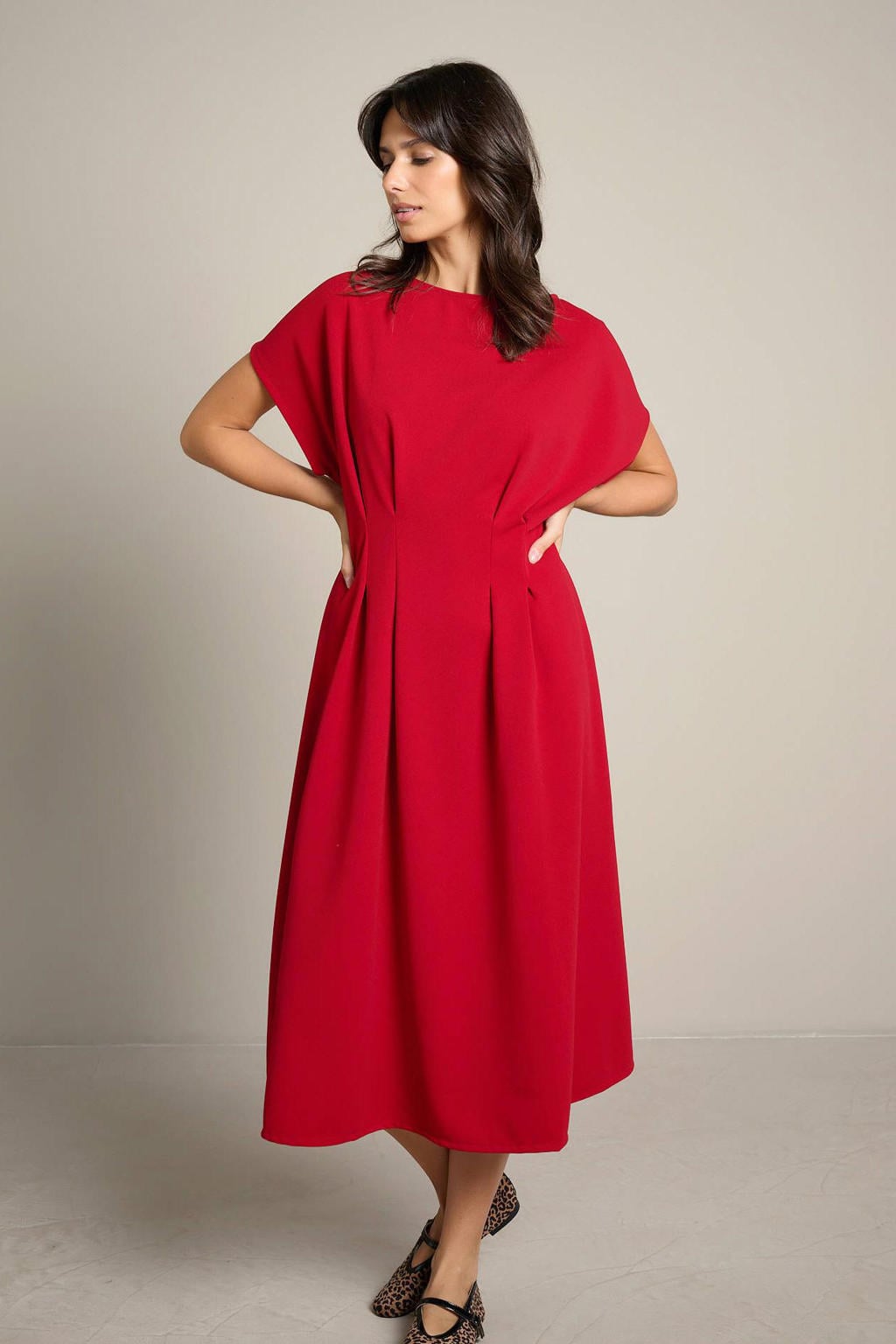 Rode dames LOLALIZA midi jurk van polyester met effen, korte mouwen en ronde hals