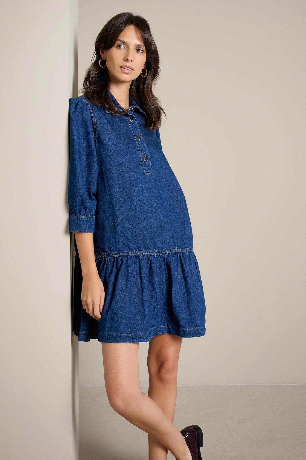 Dark blue denim dames LOLALIZA spijkerjurk van denim met effen, driekwart mouwen, klassieke kraag, knoopsluiting en ruches