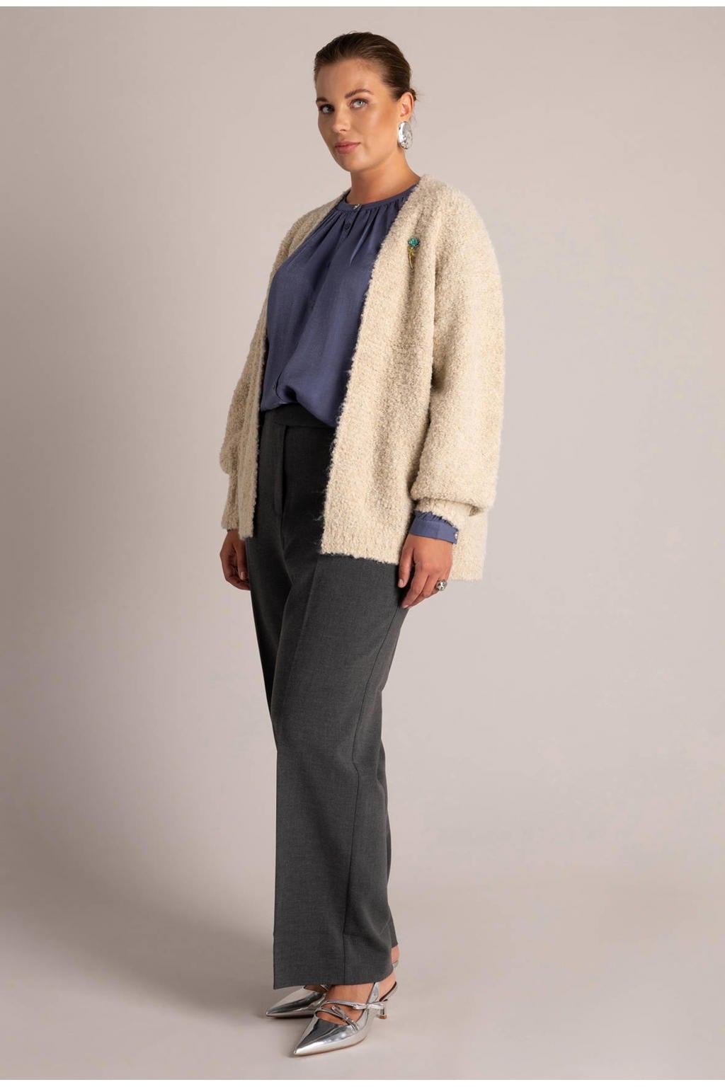 Beige dames Yest Curve Plus Size gebreid vest met effen en lange mouwen