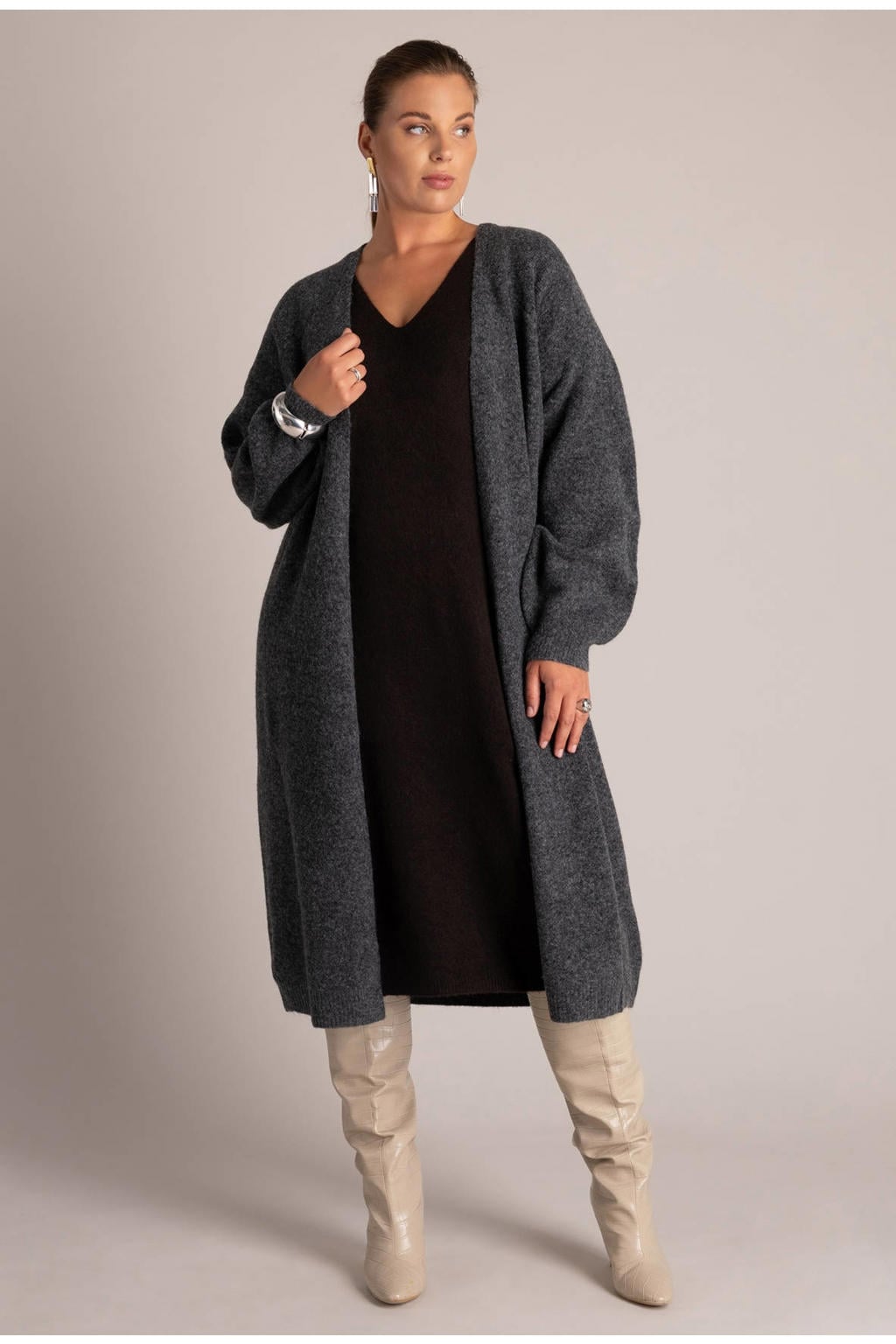 Yest Curve Plus Size lang gebreid vest met wol - grijs